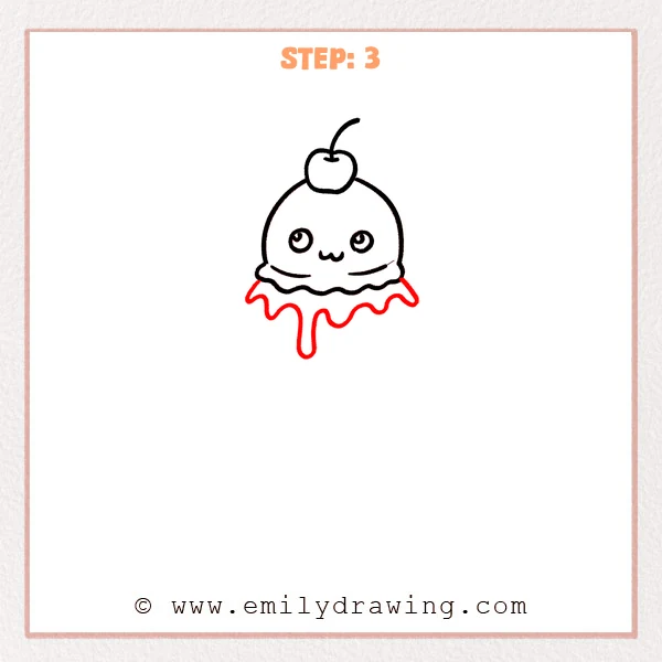 how to draw a cartoon ice cream - The cartoon ice cream scoop now has a larger dripping sauce layer beneath it, with long rounded drips hanging down.